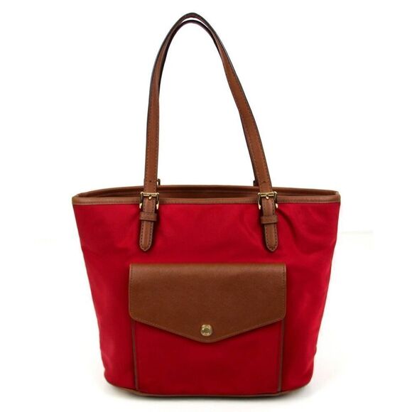 MICHAEL KORS RED NYLON CANVAS TAN BROWN GENUINE LEATHER TRIM TOTE SHOULDER BAG - Picture 4 of 14
